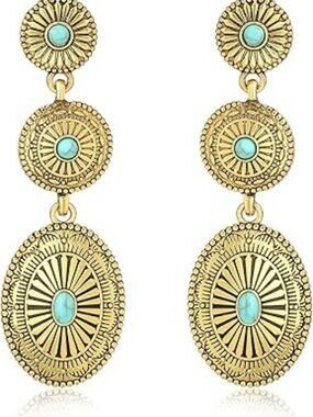 NEW Boho Western Cowgirl Bohemian Dangle Concho Earring Set Turquoise & Gold